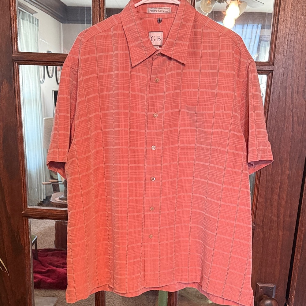 Geoffrey Beene Mens XL Coral‎ Grid Textured Short Sleeve Button Down Shirt